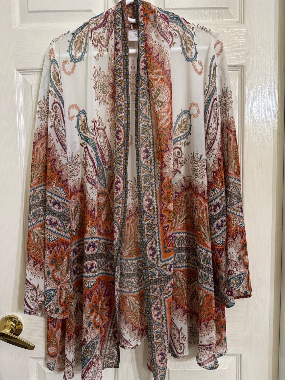 Soft Surroundings Catherine Cream Paisley Print Open Kimono Topper Sheer Sz XL